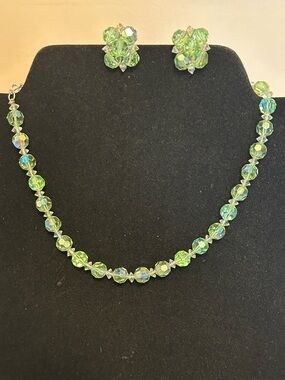 Vintage Continental Green Glass  Bead Necklace and Earrings